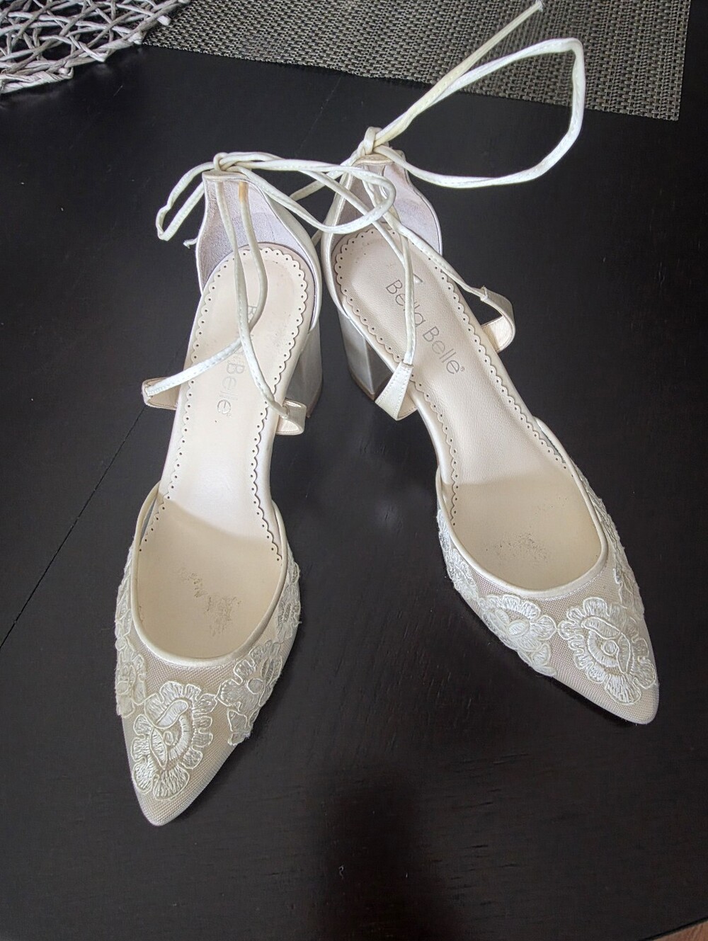 Cream Lace Pointed-Toe Ankle-Tie Heels